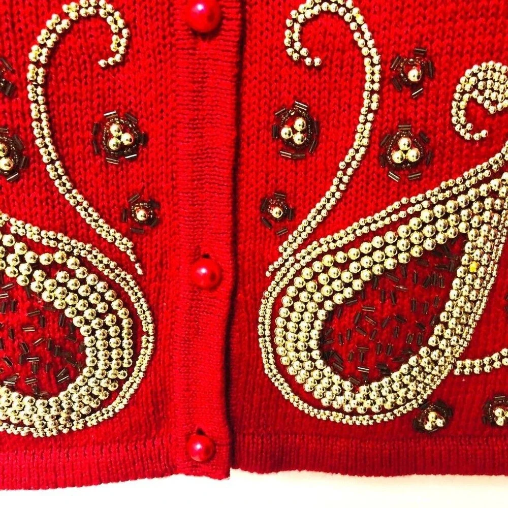 VTG Donnkenny Red Sweater Vest Women's L Hand Beaded‎ Embellished Christmas Nana